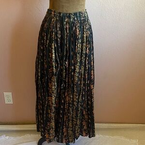 24 KARAT 100% Cotton Pleated Floral Maxi Skirt - Black with Gold & Tan Floral